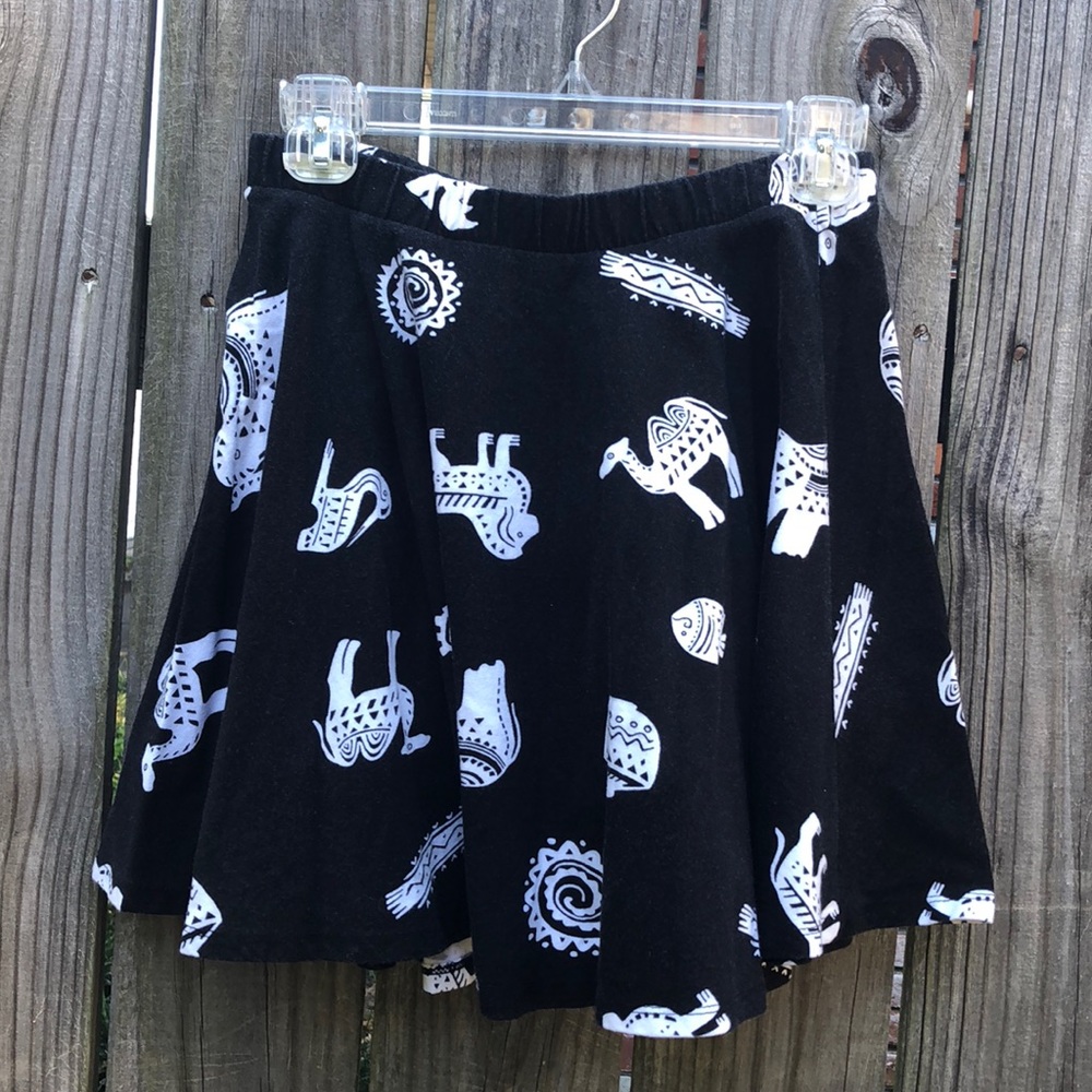 Black animal print tribal skater skirt elastic